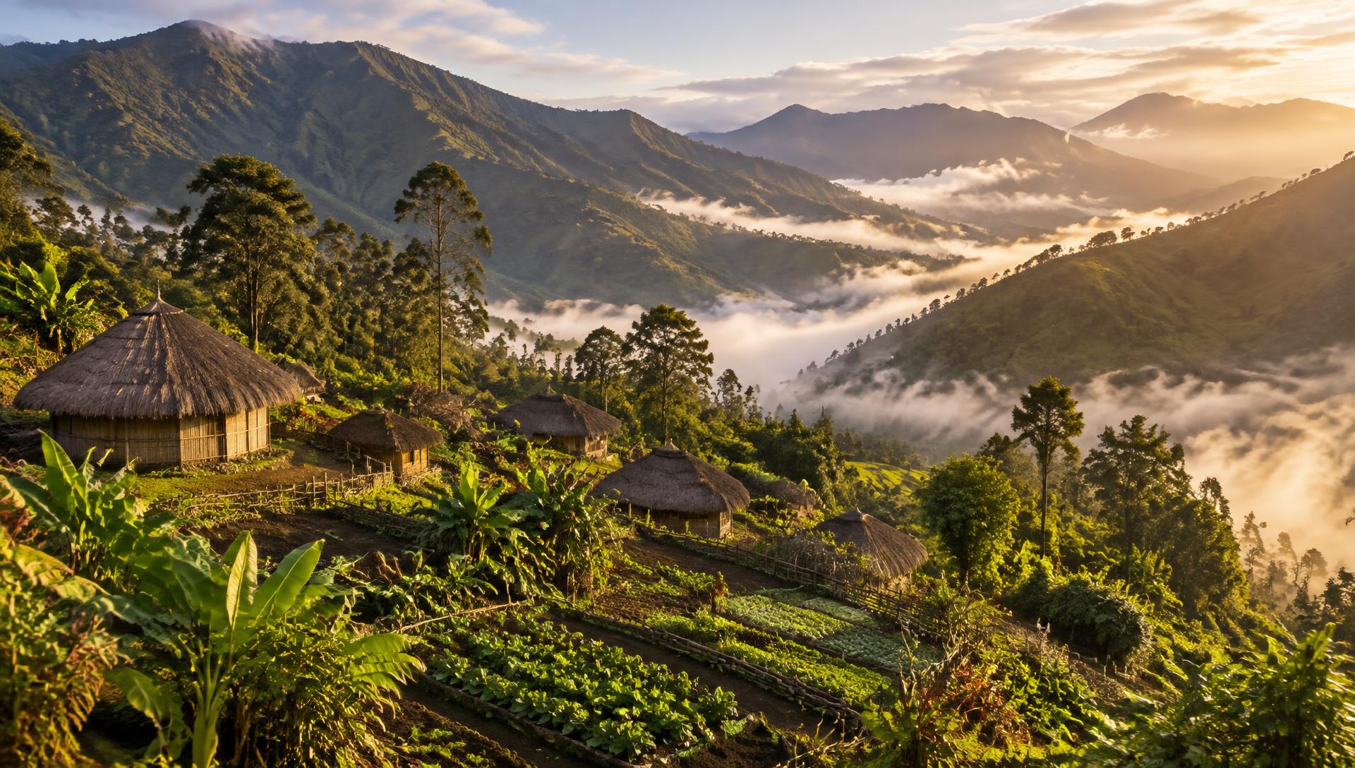 Mist over the Waghi Valley highlands with village houses and food gardens